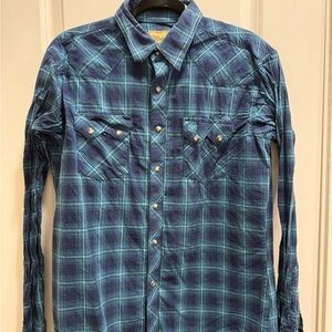 Wrangler Navy and Teal Plaid Western Button-Down Shirt